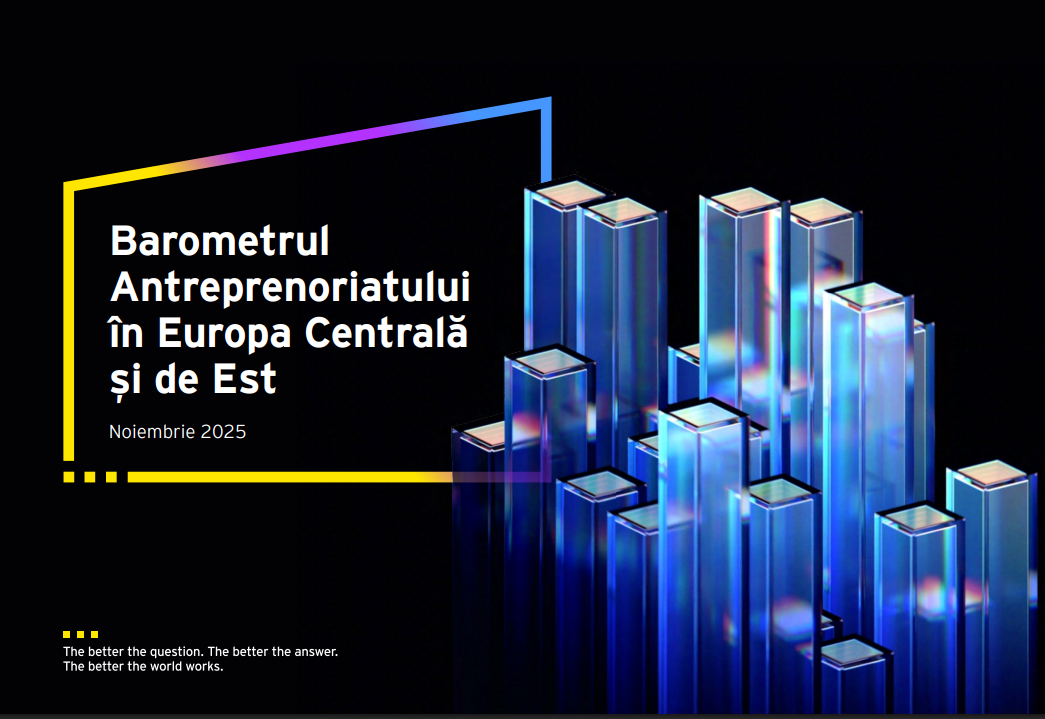 Barometrul antreprenoriatului în Europa Centrală și de Est, raport EY, noiembrie 2025, vizual tip grafic cu coloane 3D.